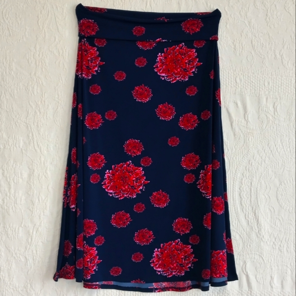 LuLaRoe Rose Maxi Skirt Navy Blue Winter Romantic Plus Stretchy Gold Over Floral